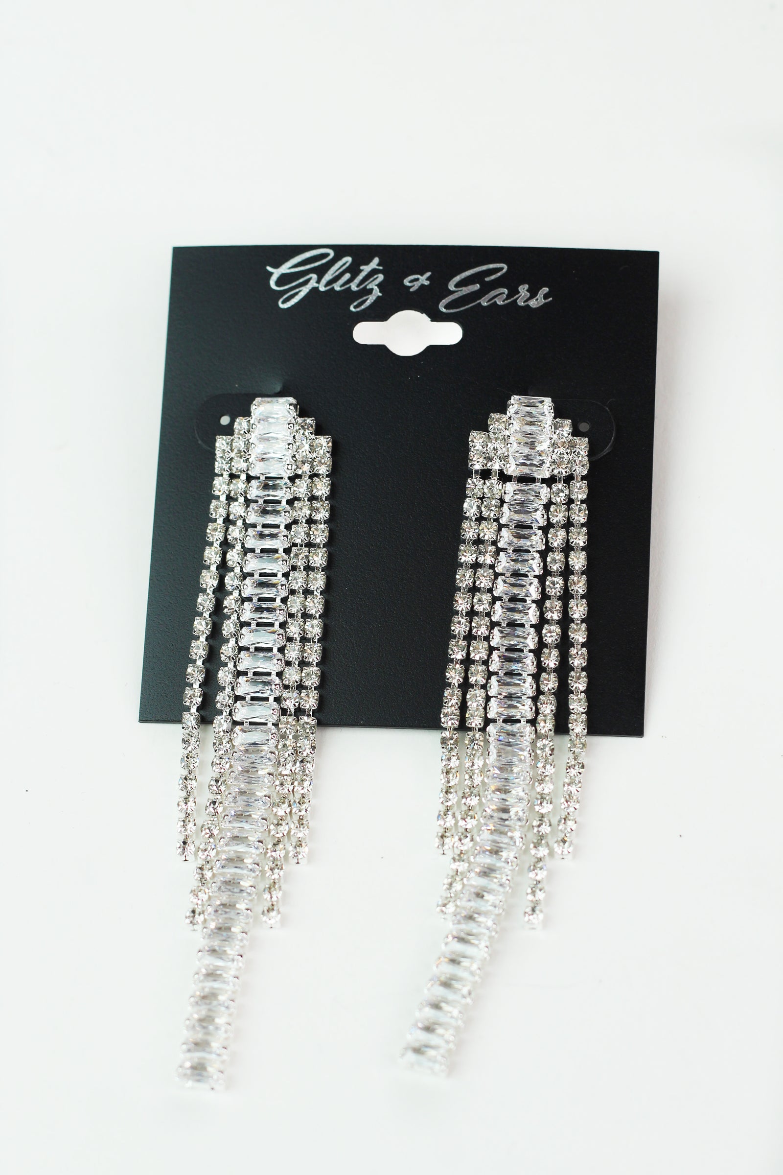 Rhinestone Dangles & Long Baguette Center Row Earrings