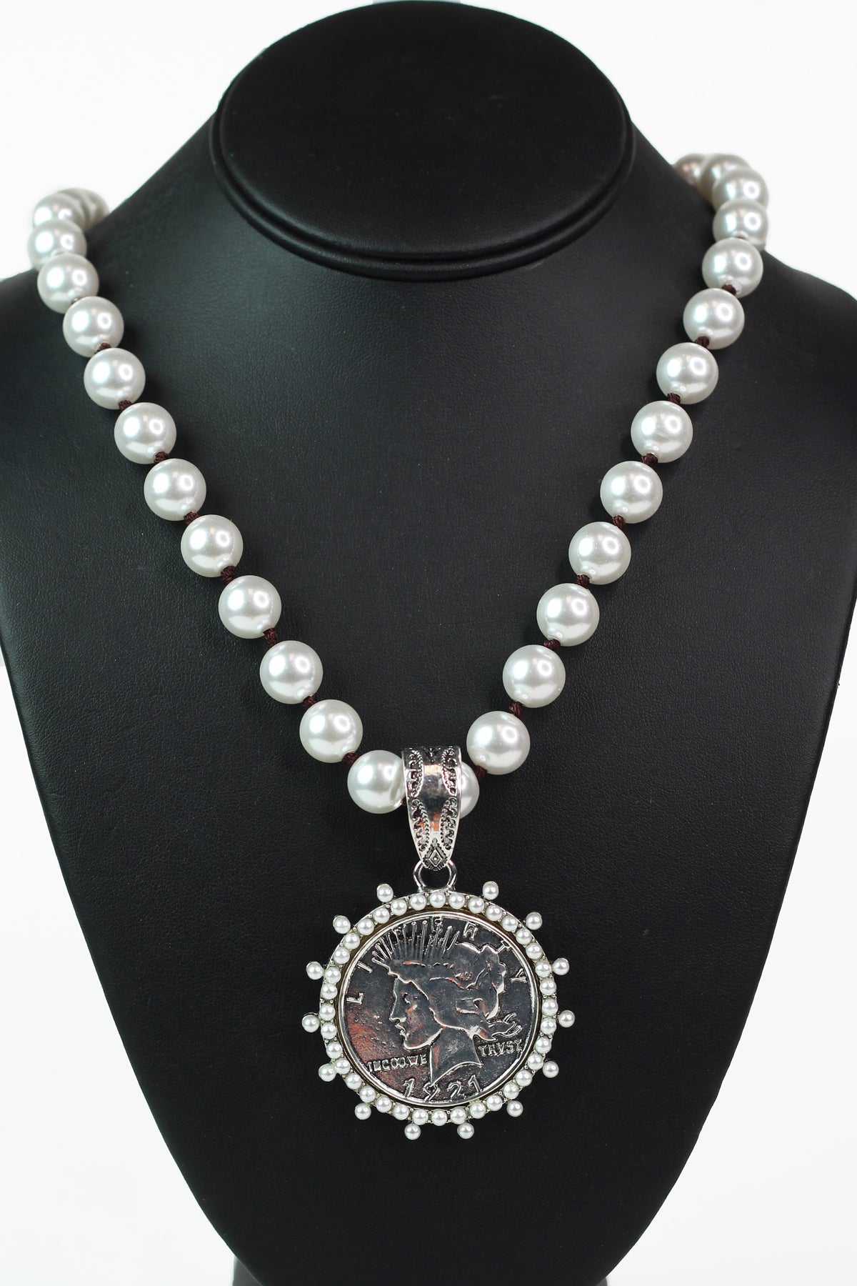 Pearl Necklace w/ Pearl Trimmed Liberty Coin Pendant