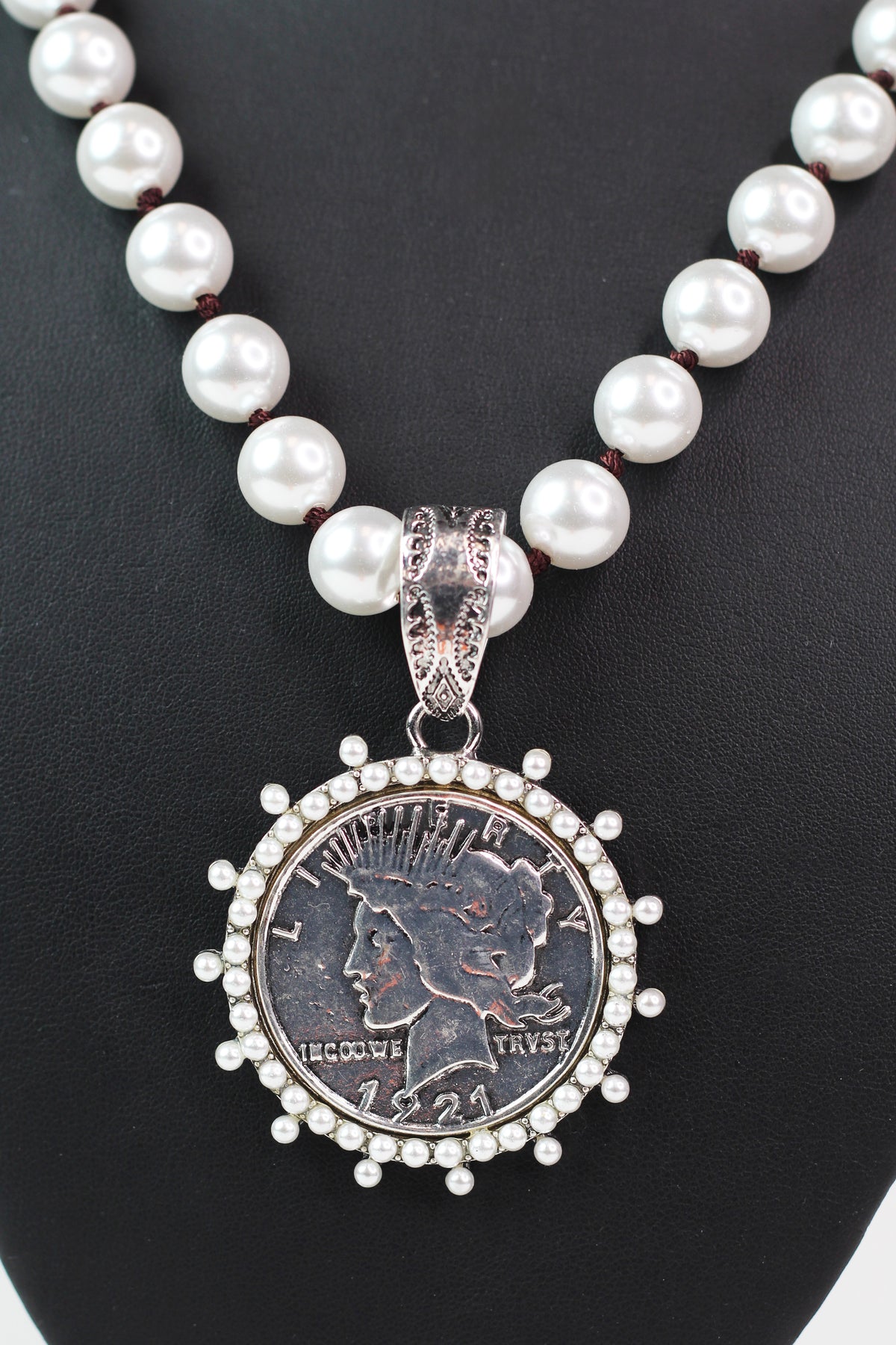 Pearl Necklace w/ Pearl Trimmed Liberty Coin Pendant