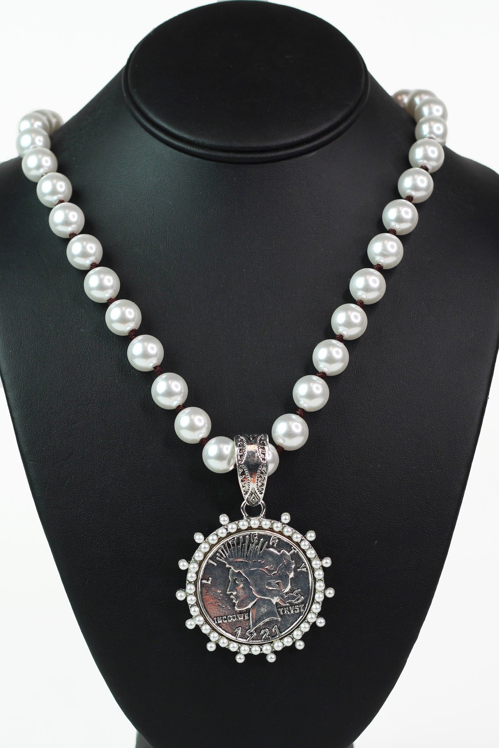 Pearl Necklace w/ Pearl Trimmed Liberty Coin Pendant