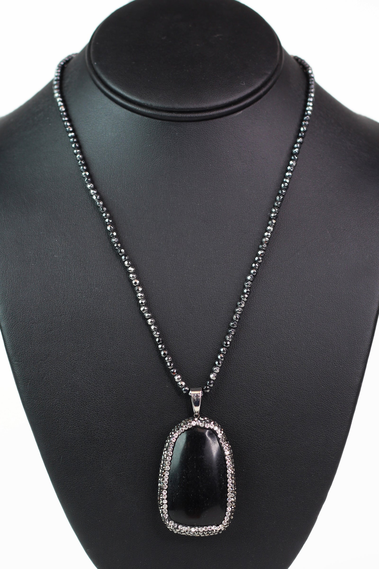 Metallic Bead Necklace w/ Pave Trimmed Stone Pendant