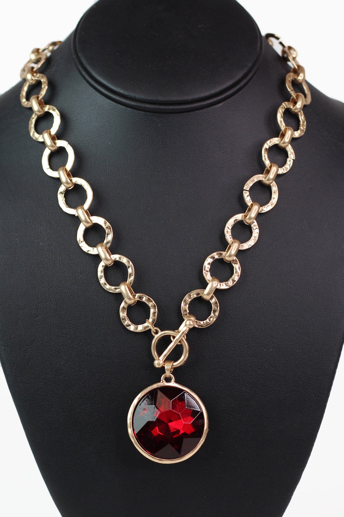 Hammered Chain Toggle Necklace w/ Chunky Round Gemstone Pendant