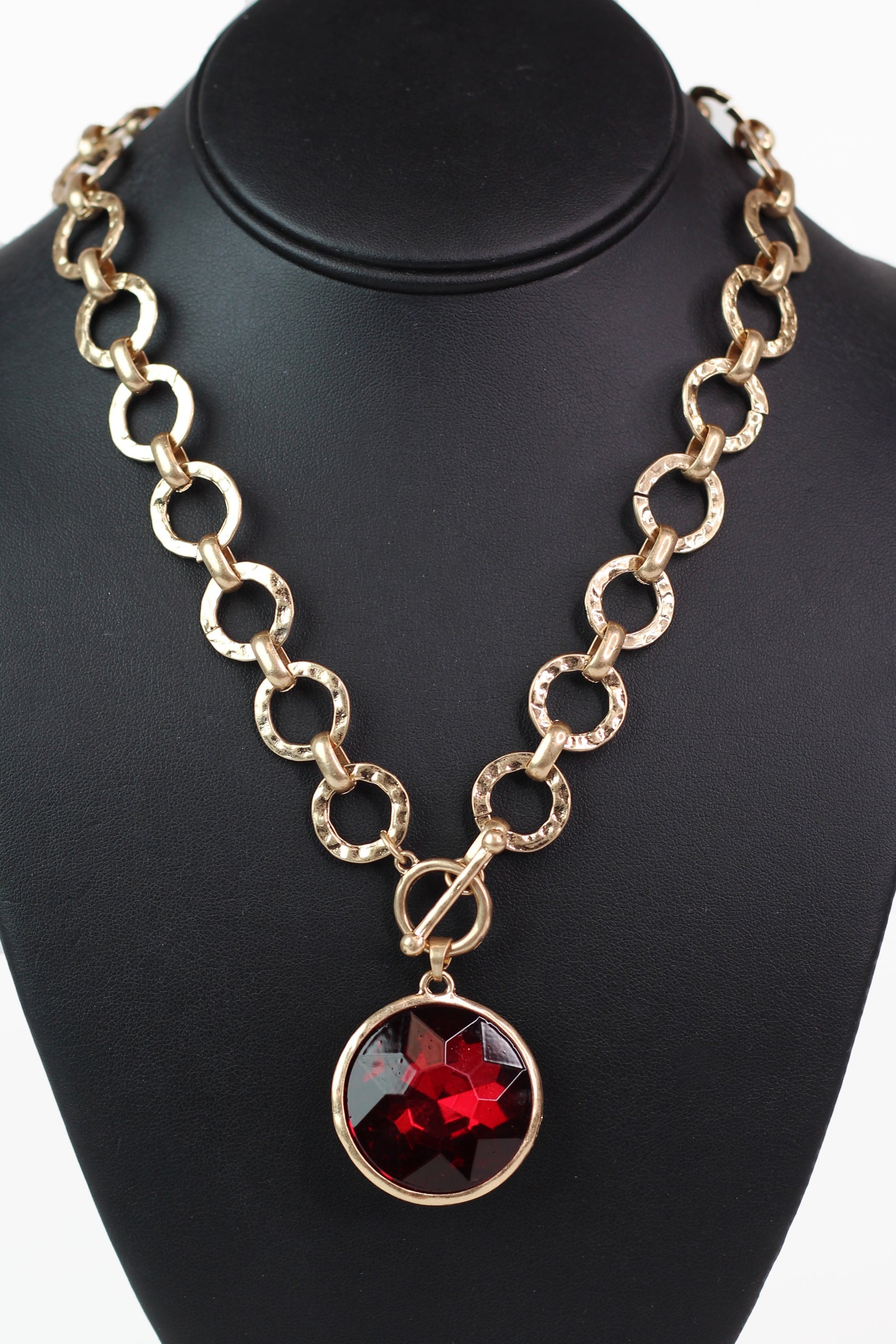 Hammered Chain Toggle Necklace w/ Chunky Round Gemstone Pendant