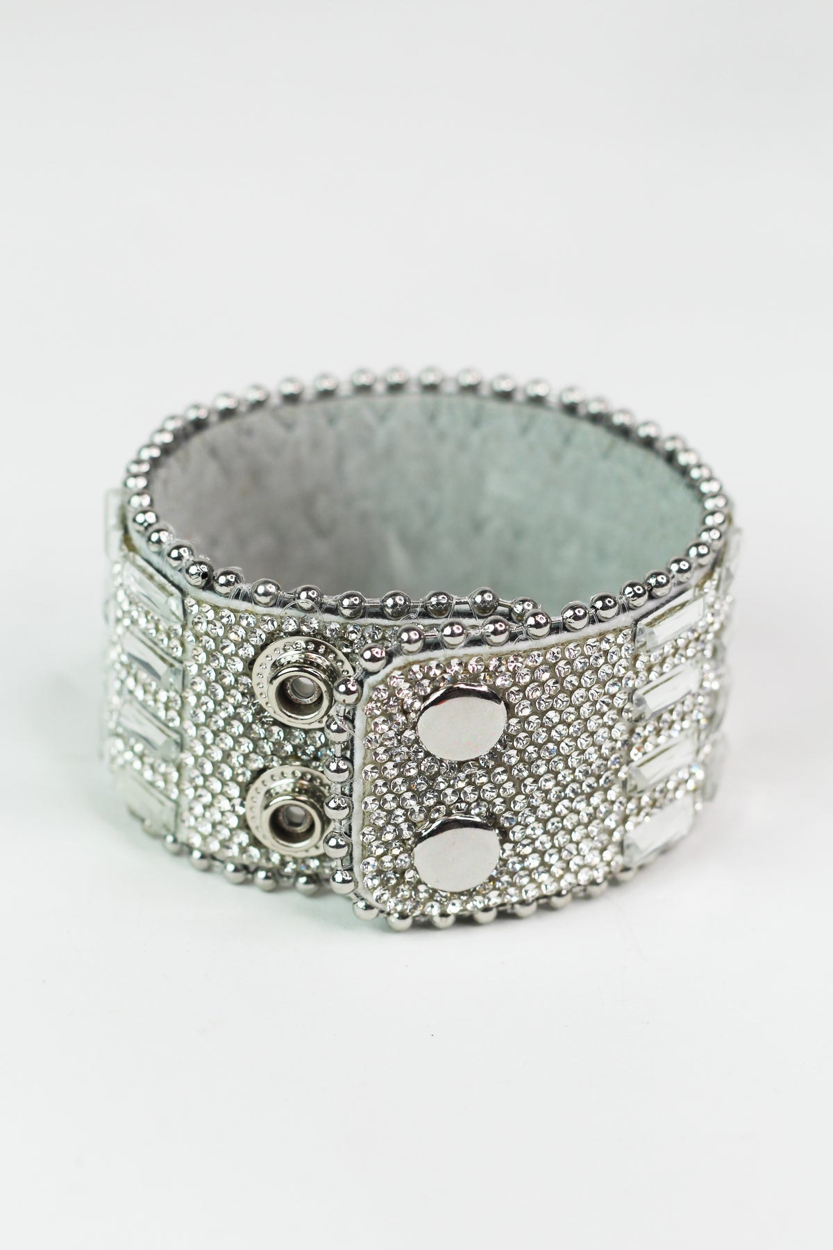 Baguette &amp; Rhinestone Genuine Leather Snap Bracelet