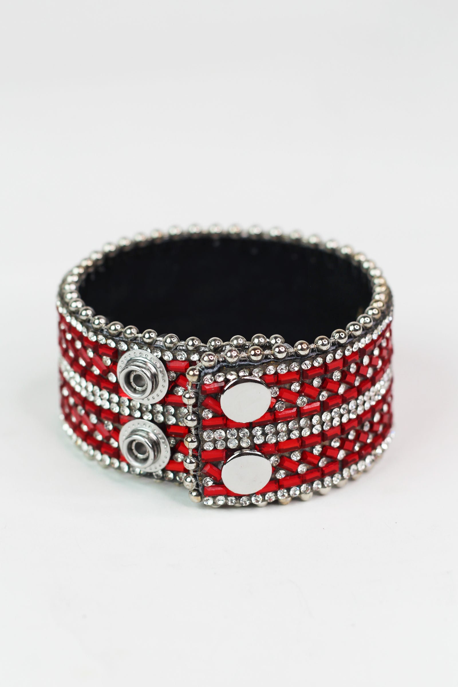 Rhinestone & Baguette Stripes Genuine Leather Snap Bracelet