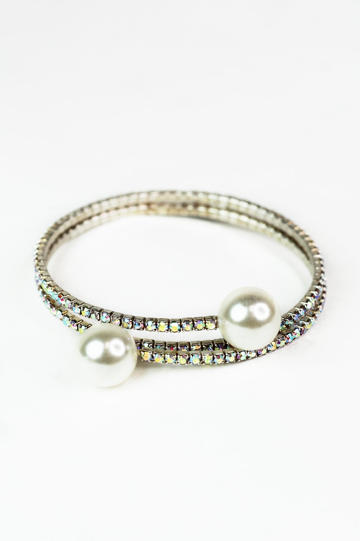 One Rhinestone Row Coil Bracelet w/ Pearl Ends
