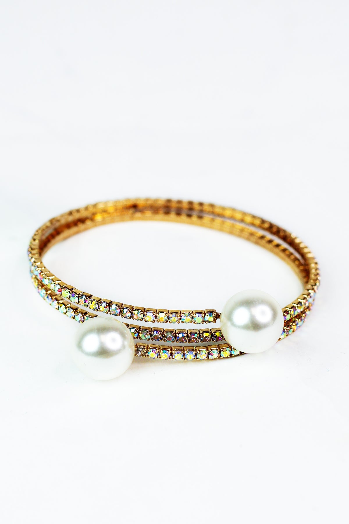 One Rhinestone Row Coil Bracelet w/ Pearl Ends