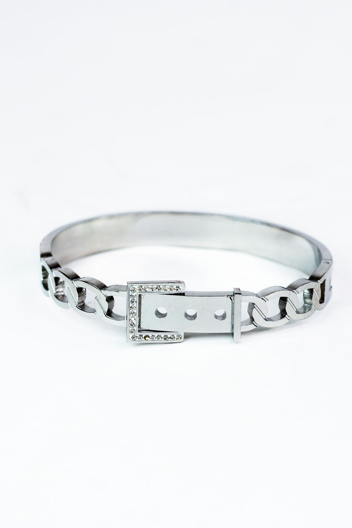 Open Links &amp; Center Pave Buckle Metal Bangle