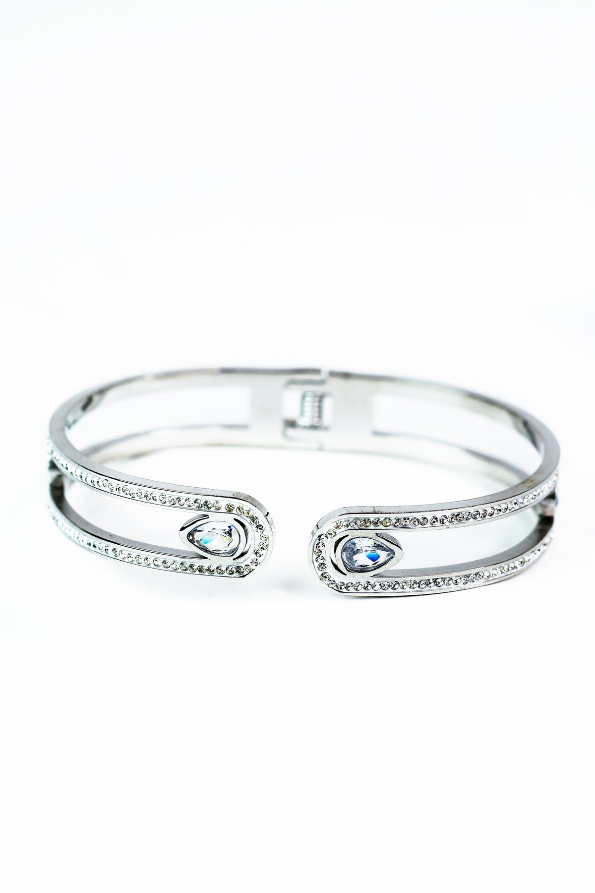Open Pave Curves & Teardrops Metal Bangle