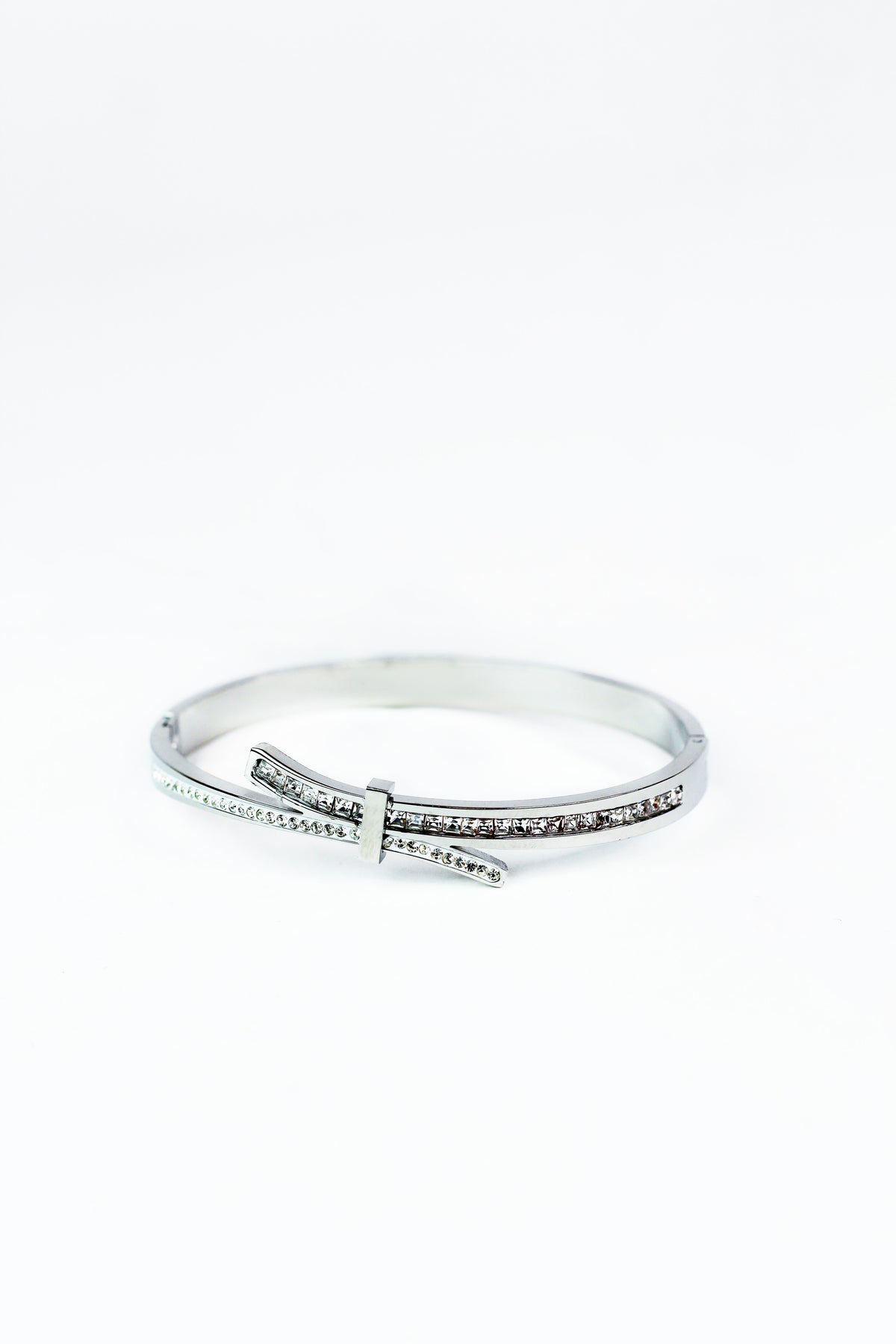 Pave &amp; Rhinestone Row Curved Ends Metal Bangle