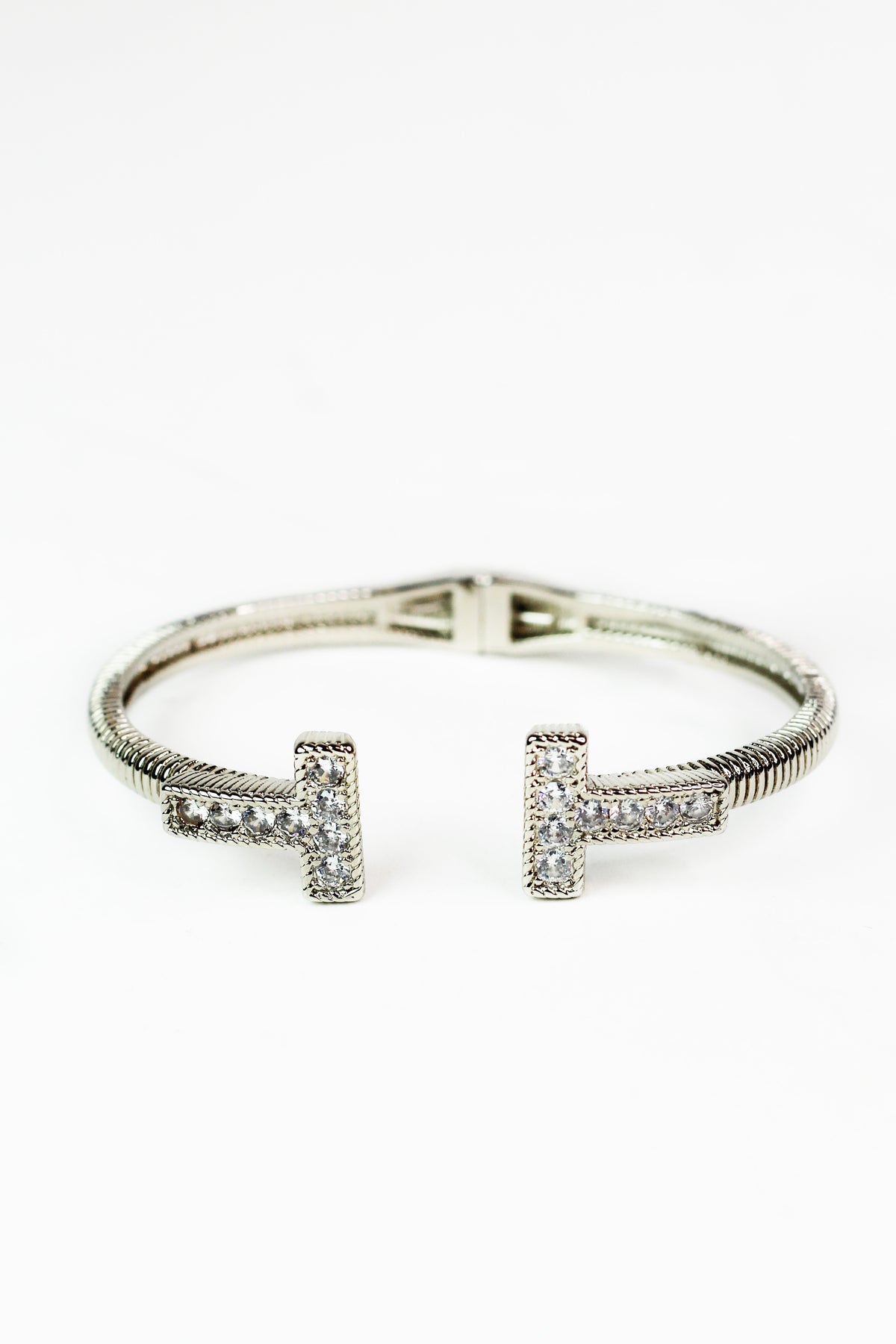 Textured Metal Bangle w/ Rhinestone T Ends
