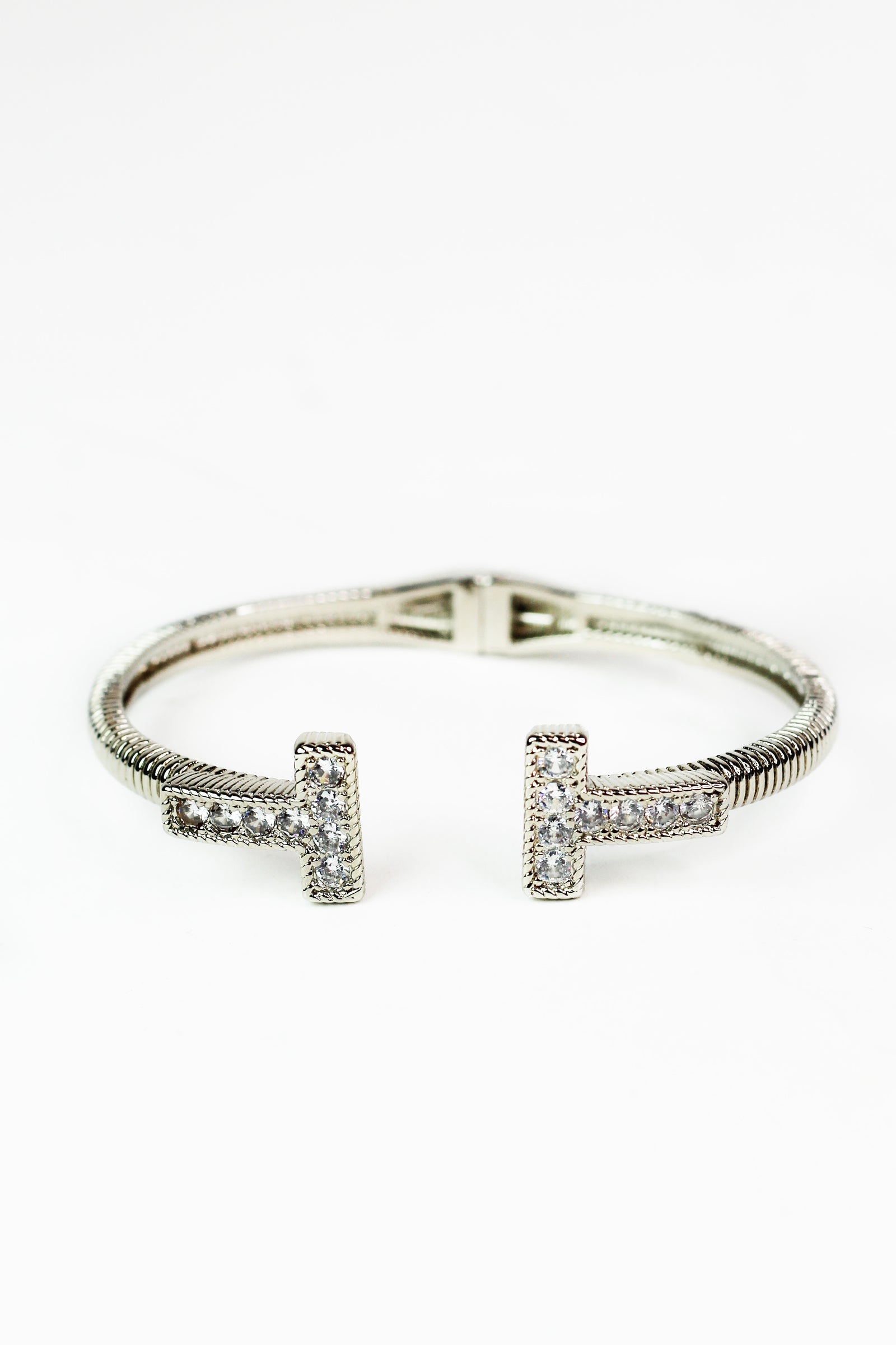 Textured Metal Bangle w/ Rhinestone T Ends
