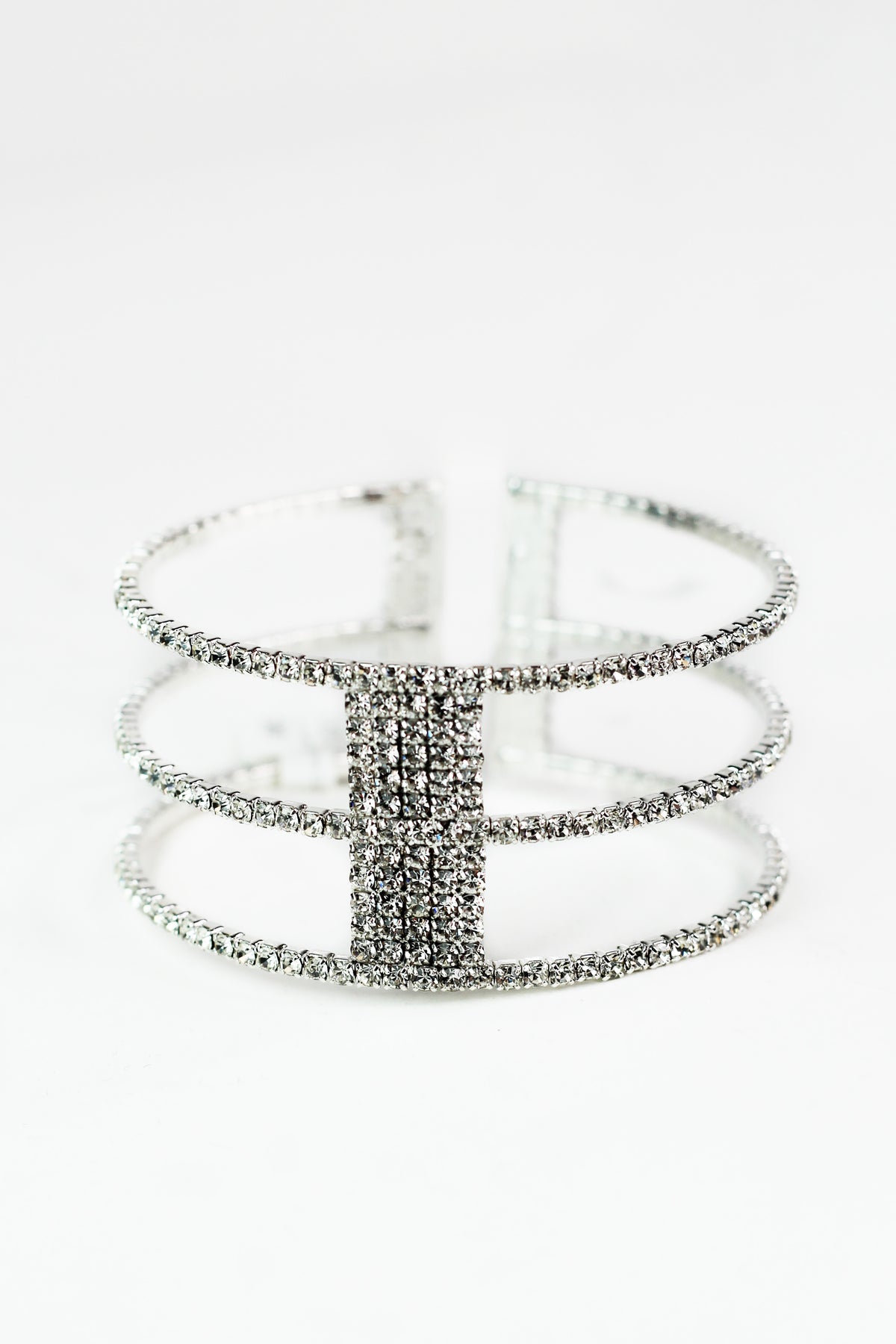 Spaced 3 Row &amp; Rectangle Center Rhinestone Cuff
