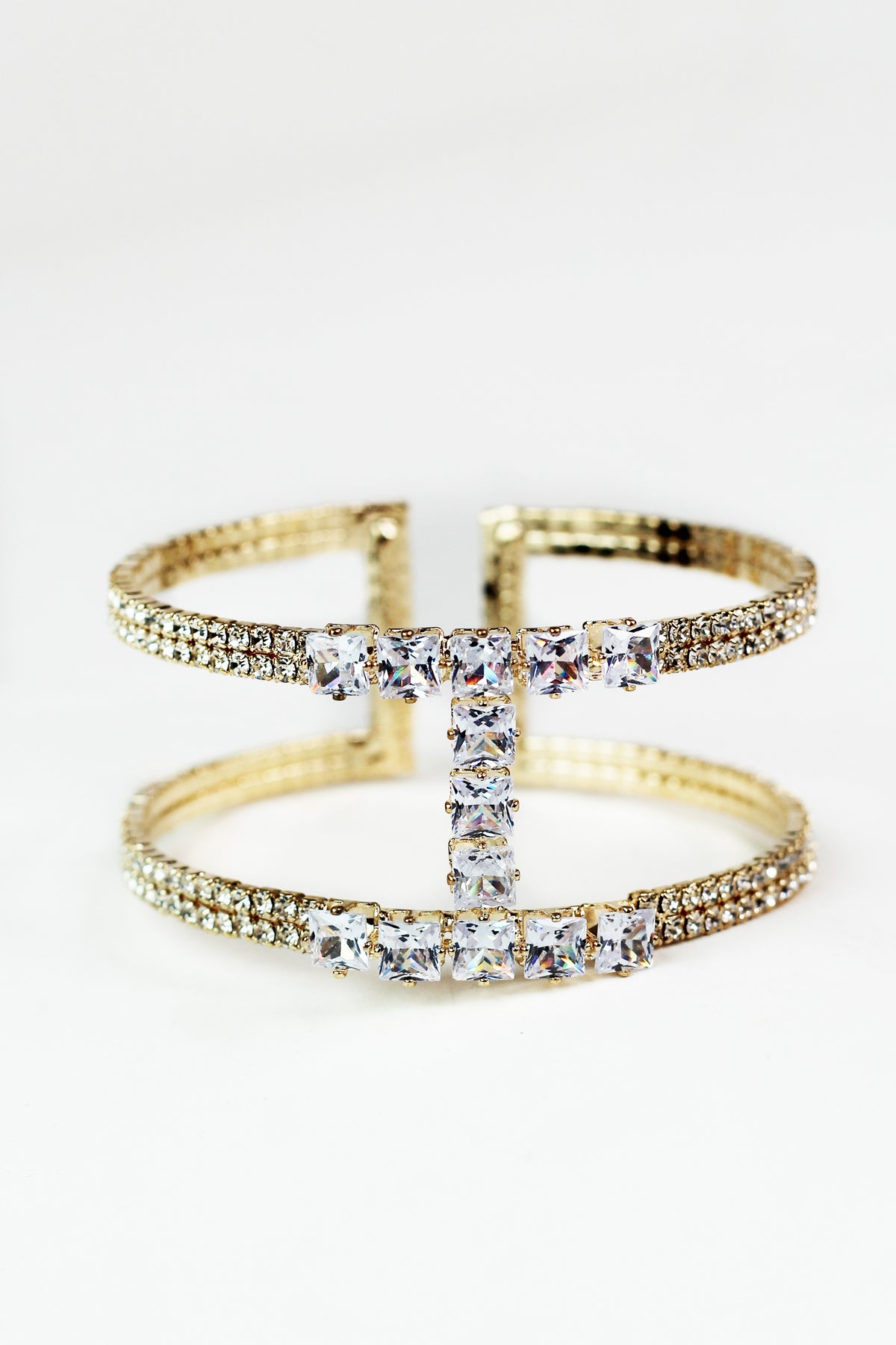 Two Row Rhinestone Open Cuff w/ Chunky Stone Center Lines