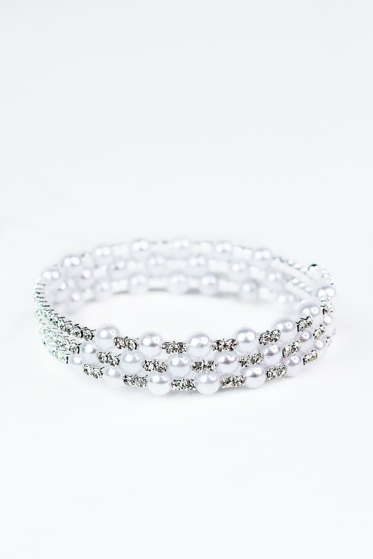 3 Row Alt. Pearl &amp; Rhinestone Coil Bracelet