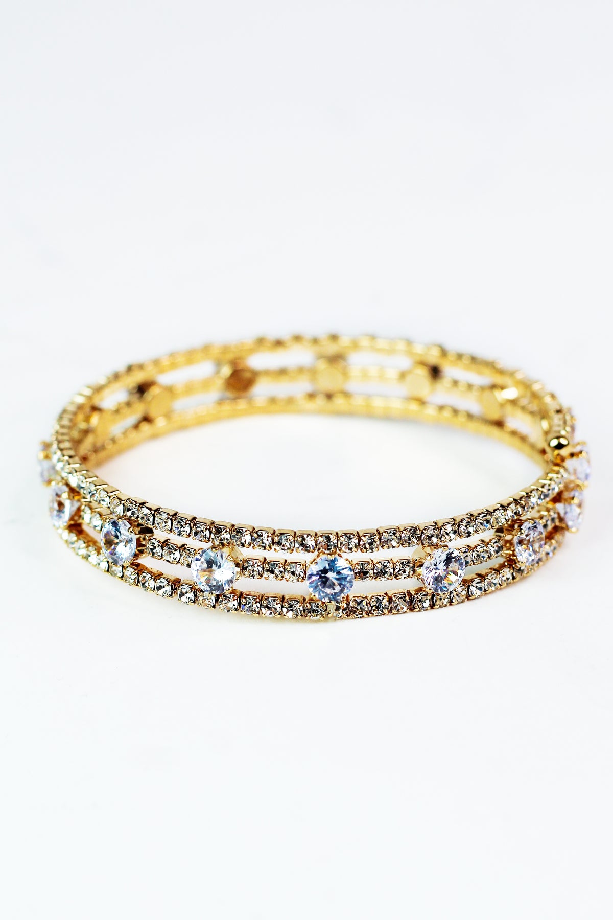 Rhinestone Coil Bracelet w/ Spaced Round Center Row