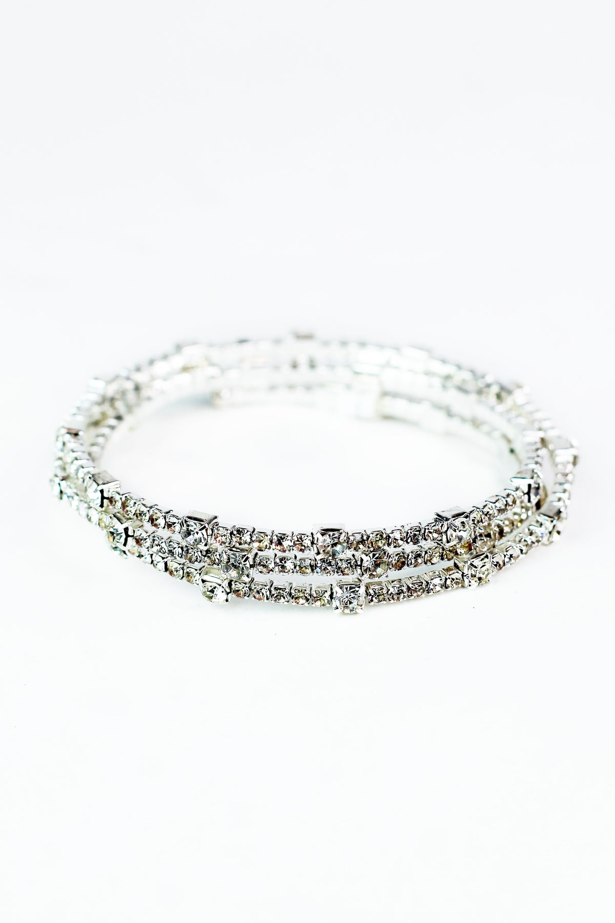 Thin Spaced Sm & Med Square Rhinestones 3 Row Coil Bracelet
