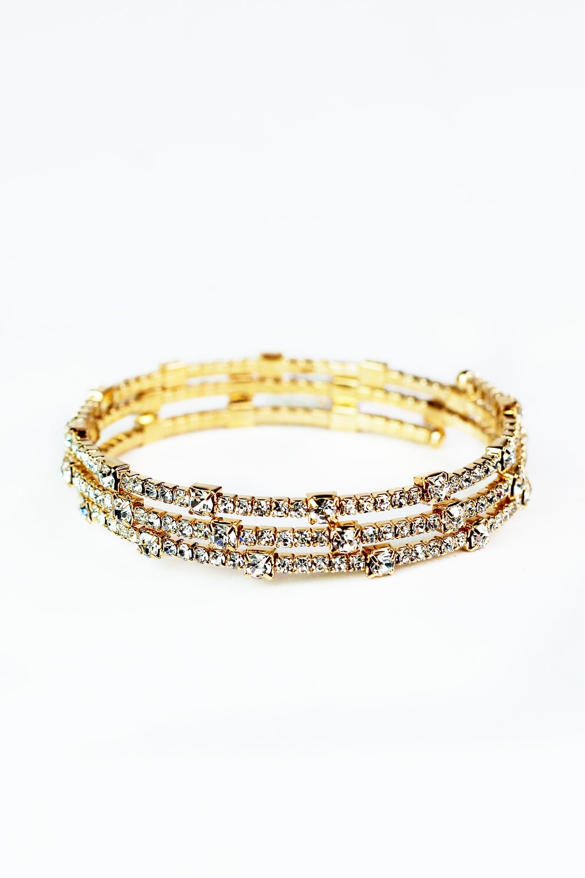 Thin Spaced Sm & Med Square Rhinestones 3 Row Coil Bracelet