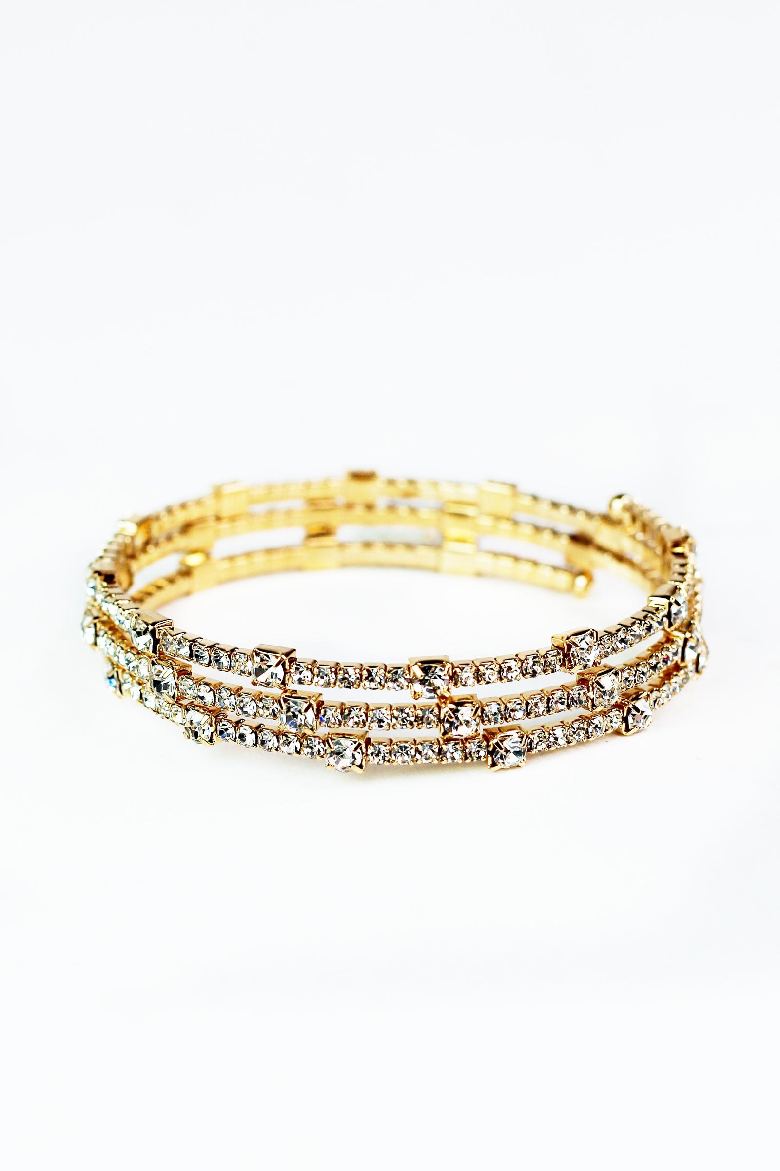Thin Spaced Sm & Med Square Rhinestones 3 Row Coil Bracelet