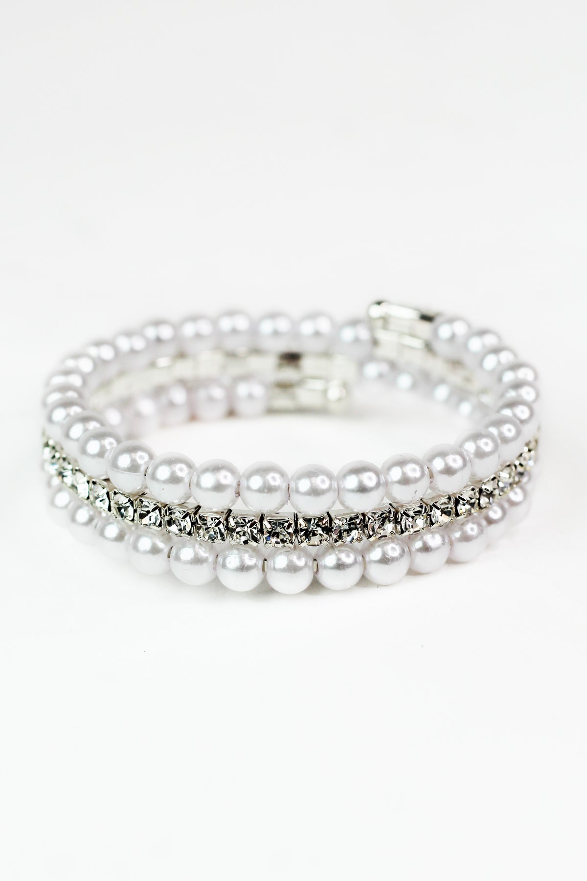 Pearls w/ Square Rhinestone Center Row Coil Bracelet
