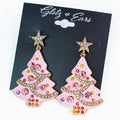 Pink Christmas Tree Earrings w/ Rhinestone Accents