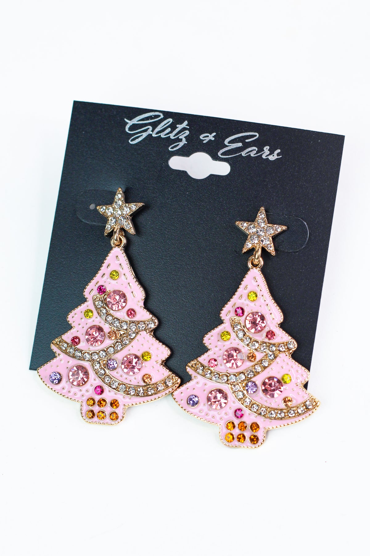 Pink Christmas Tree Earrings w/ Rhinestone Accents