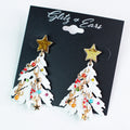 Dangling Christmas Tree Earrings w/ Stones & Ornament Charms