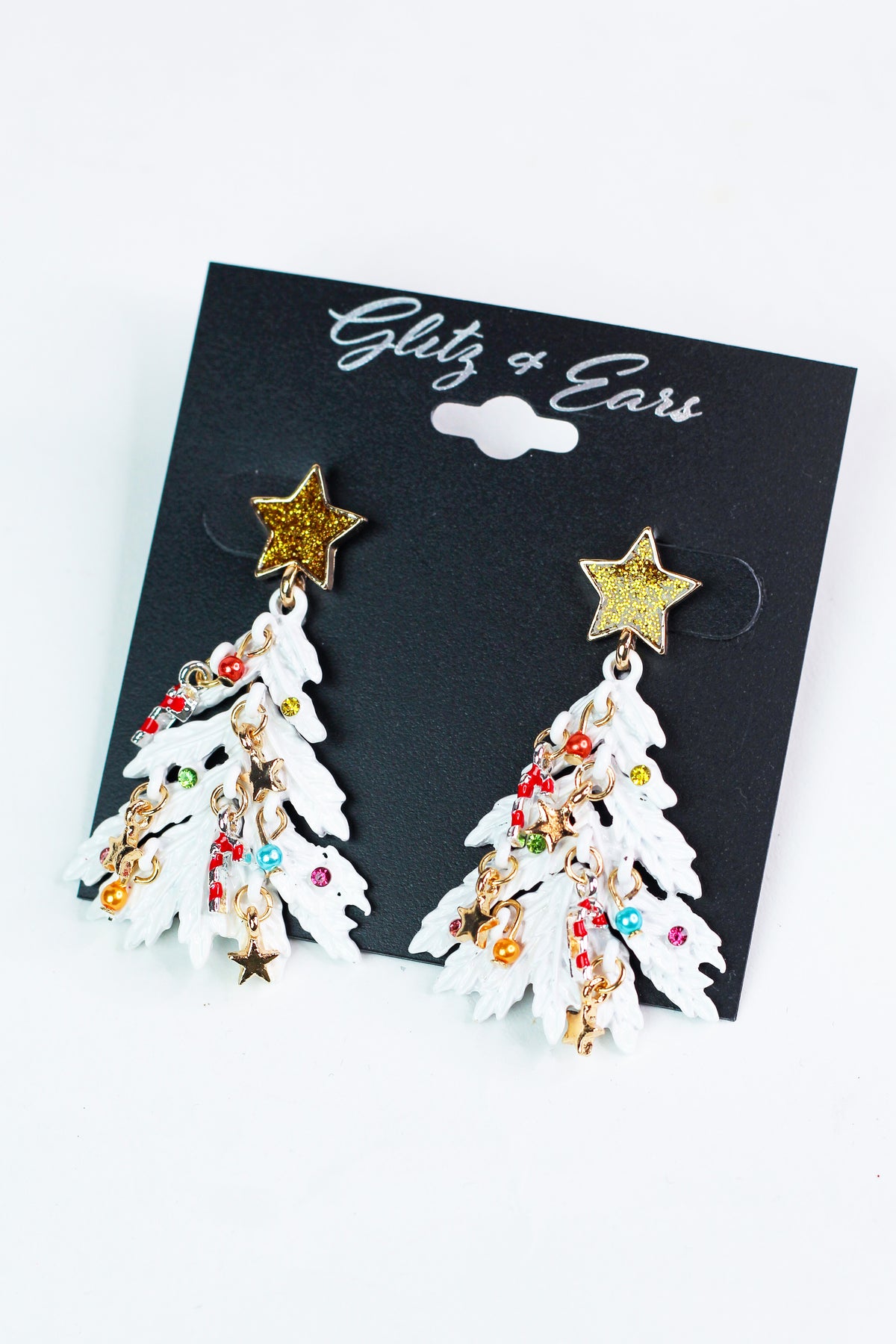 Dangling Christmas Tree Earrings w/ Stones &amp; Ornament Charms