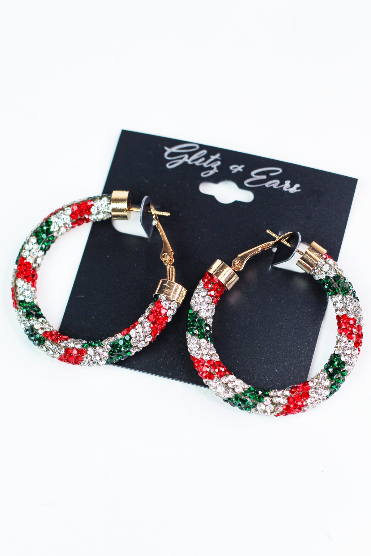 Medium Christmas Stripe All Rhinestone Hoop Earrings