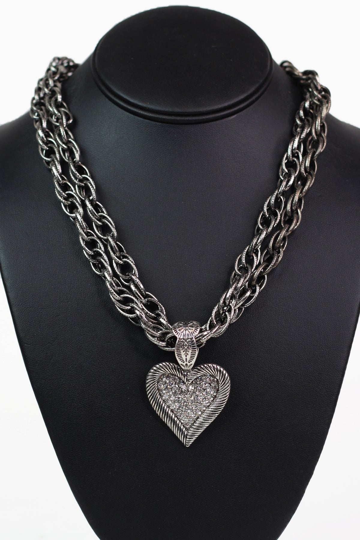 Metal &amp; Rhinestone Heart Pendant Double Chain Necklace