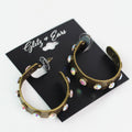 Antiqued Brass & Rhinestone Open Hoop Earrings