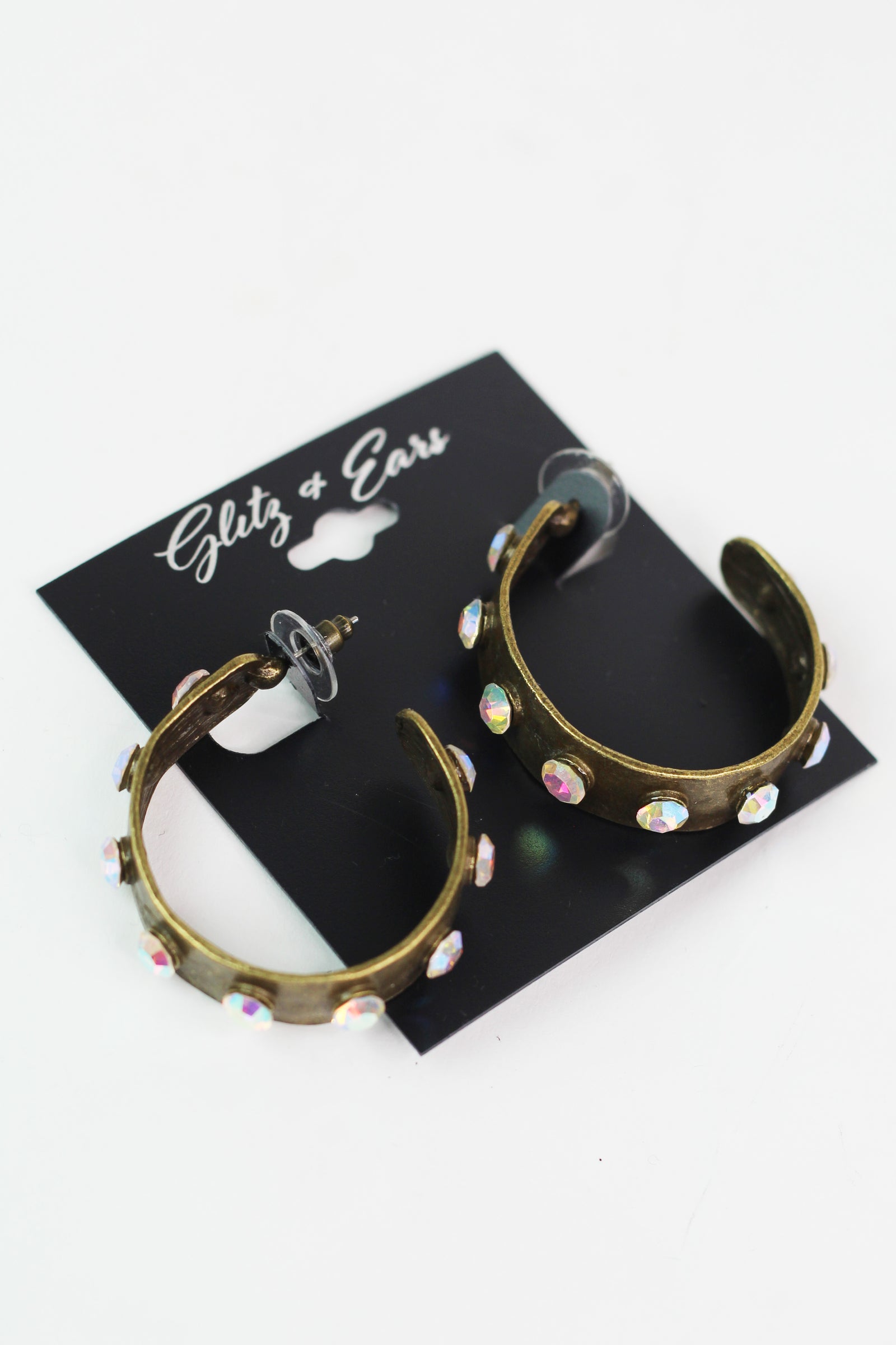 Antiqued Brass & Rhinestone Open Hoop Earrings