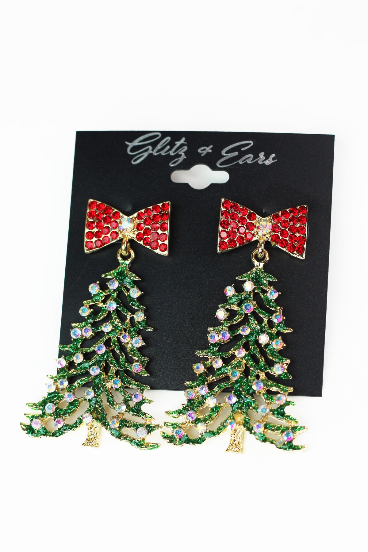 Rhinestone Bow & Christmas Tree Earrings