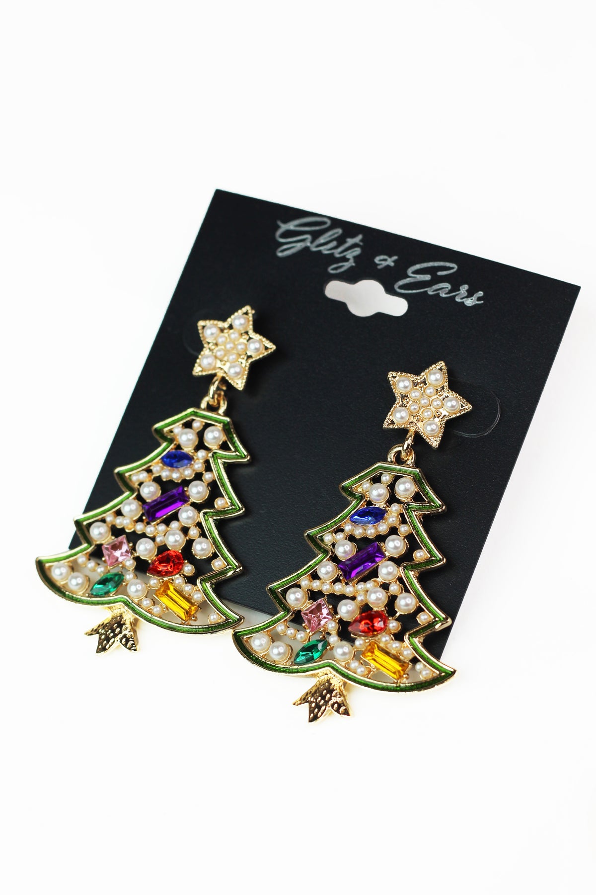 Pearl &amp; Multicolor Stone Shapes &amp; Star Christmas Tree Earrings