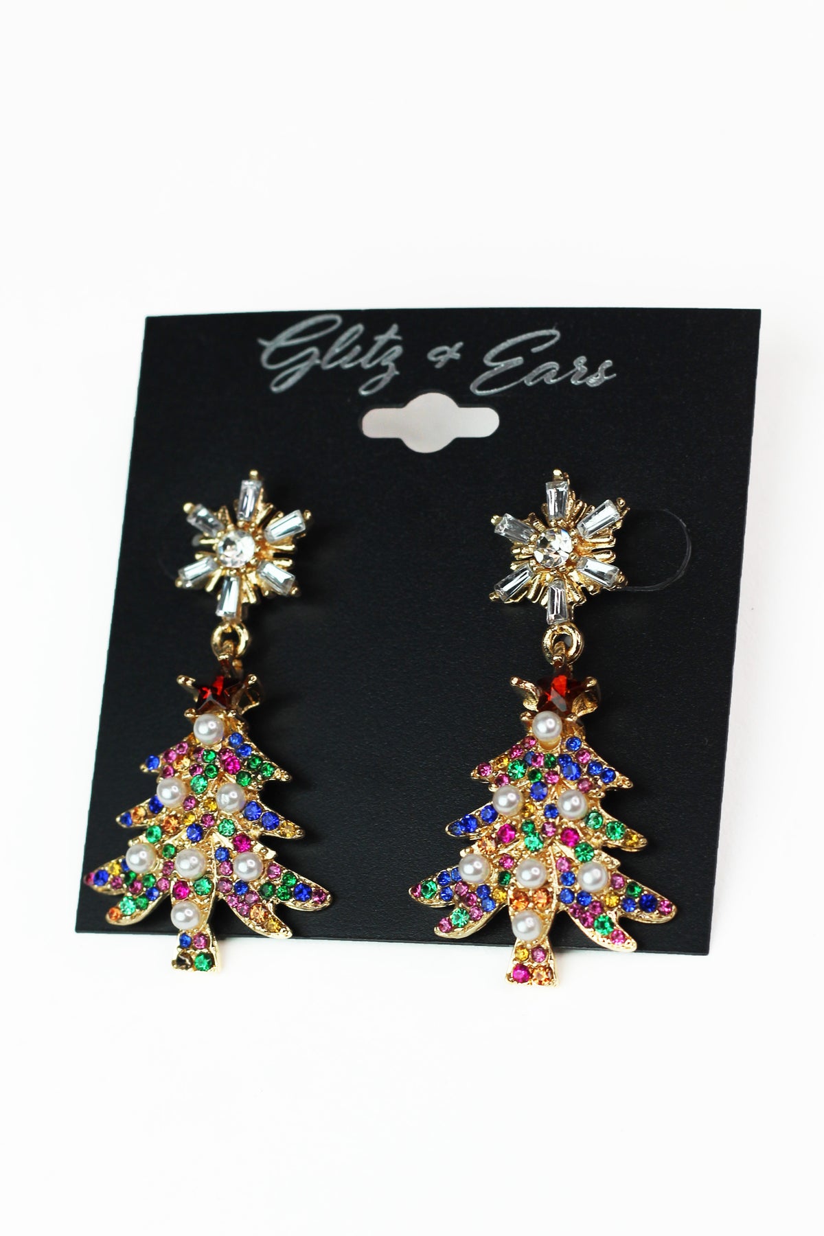 Stone &amp; Pearl Christmas Tree &amp; Baguette Snowflake Earrings