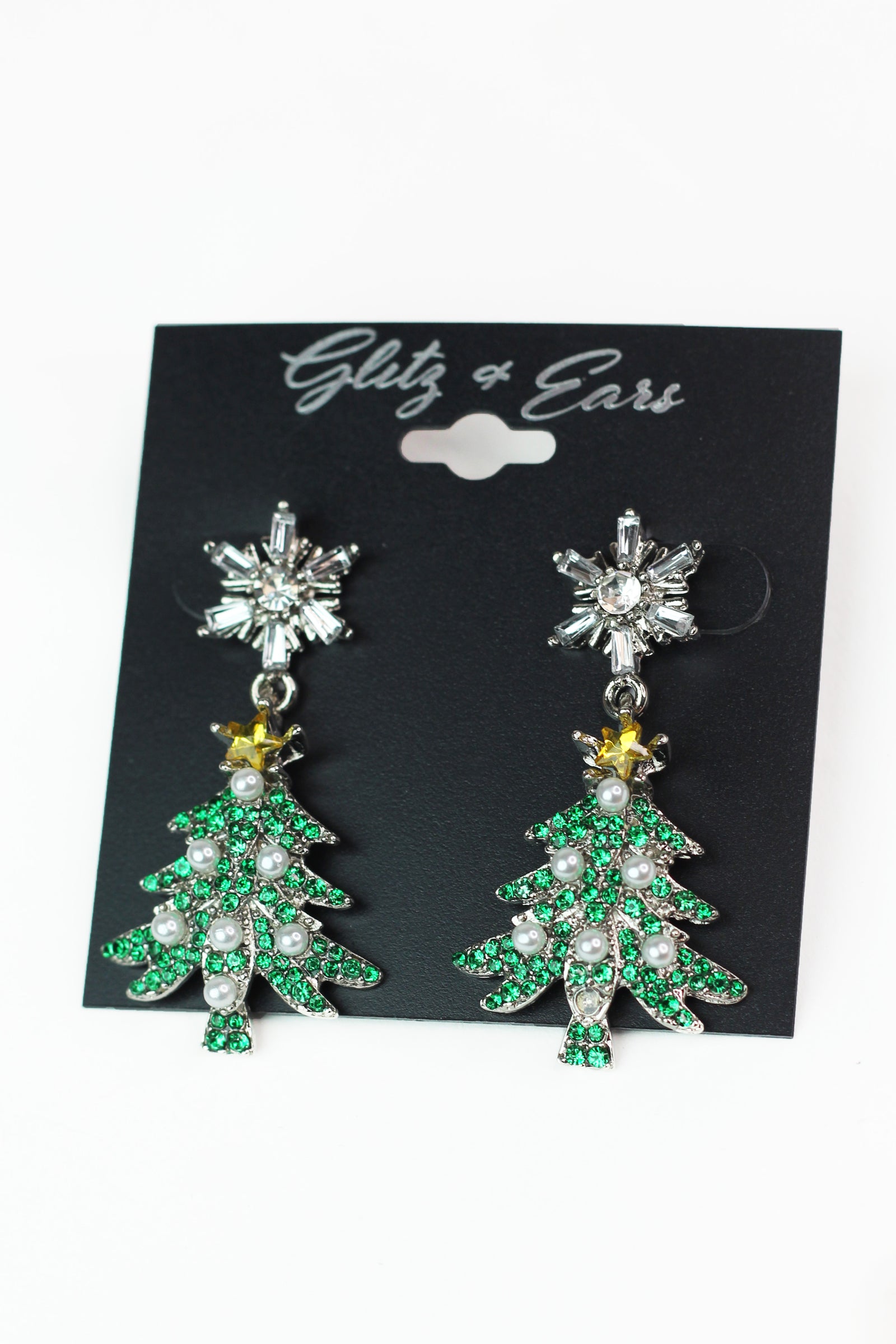 Stone & Pearl Christmas Tree & Baguette Snowflake Earrings