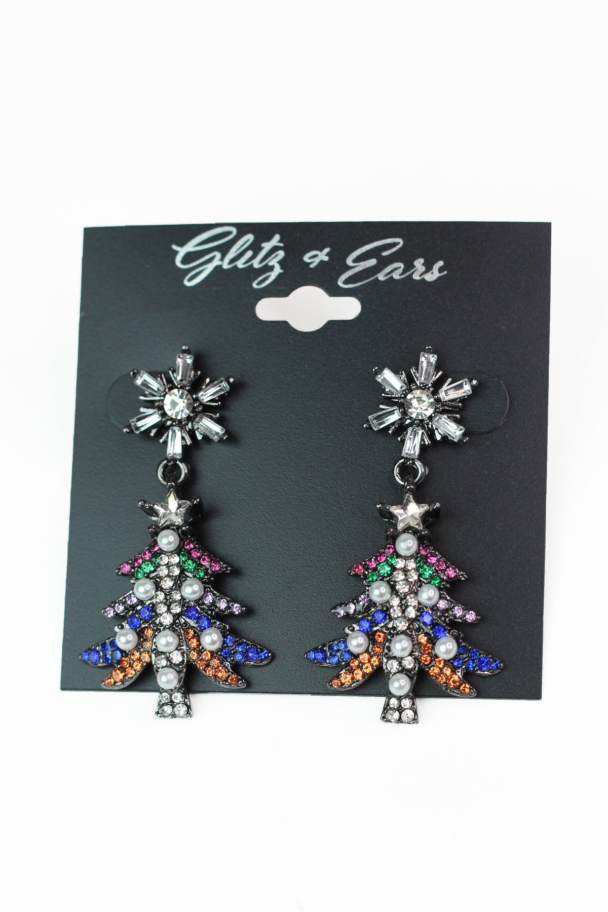 Stone & Pearl Christmas Tree & Baguette Snowflake Earrings