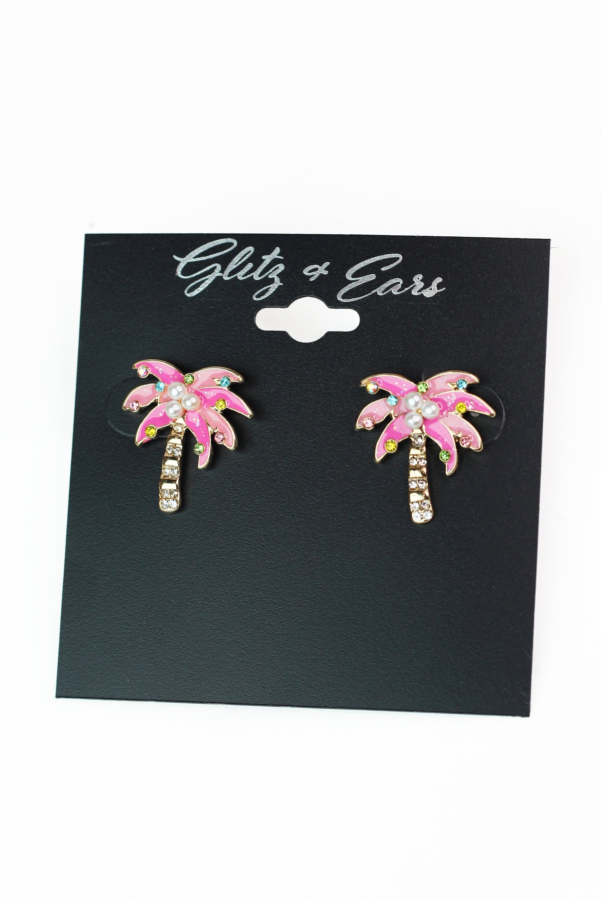 Rhinestone & Pearl Palm Tree Stud Earrings
