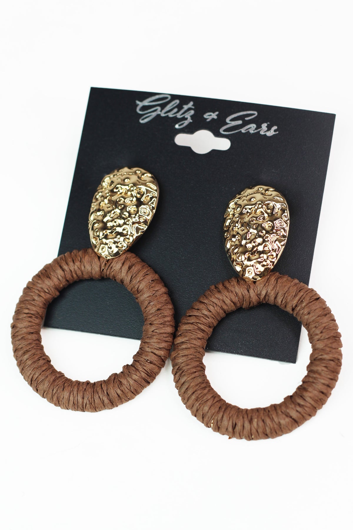 Textured Metal &amp; Raffia Open Circle Earrings