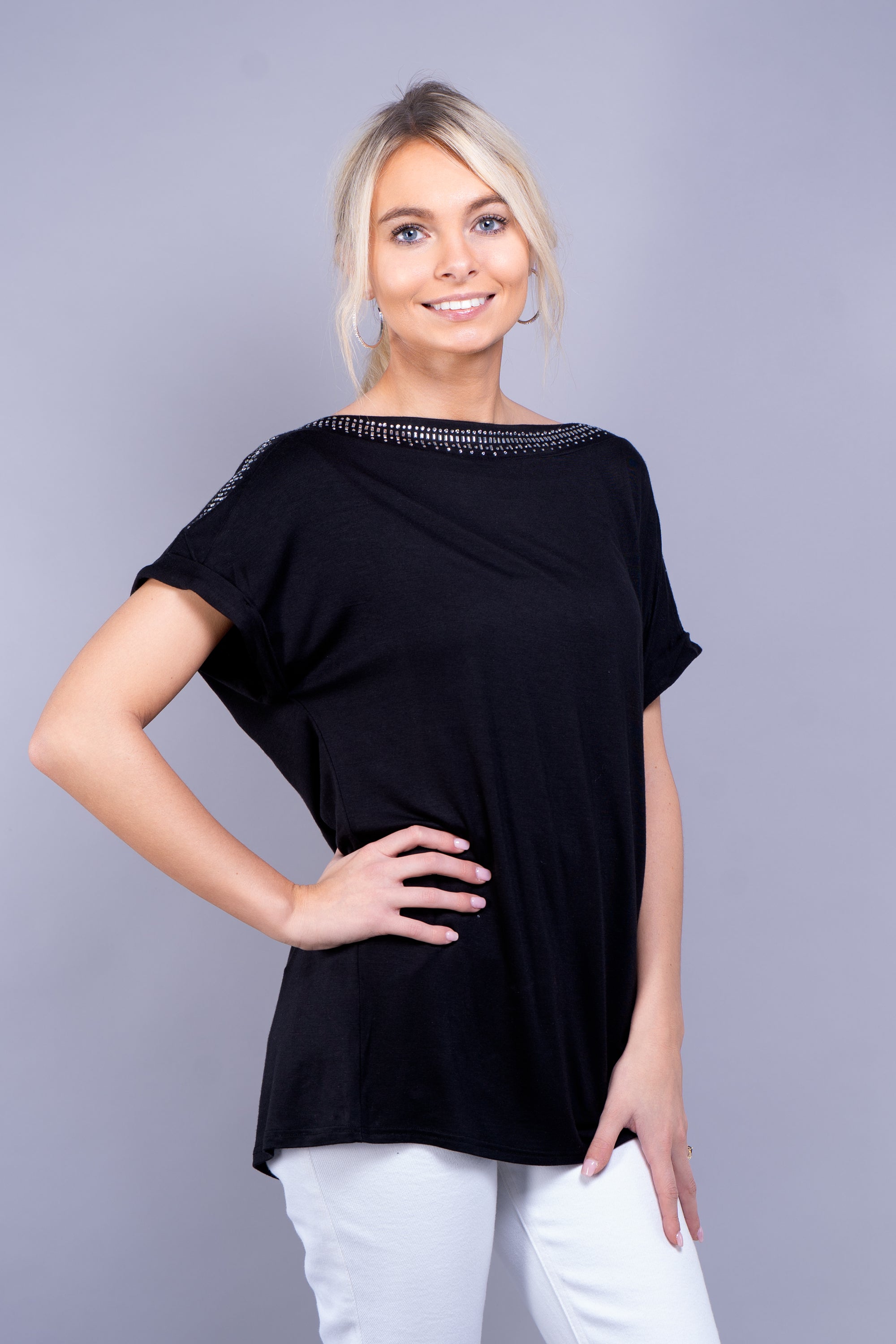 Short Sleeved Boat Neck Top w/ Rhinestone Neck & Shoulders