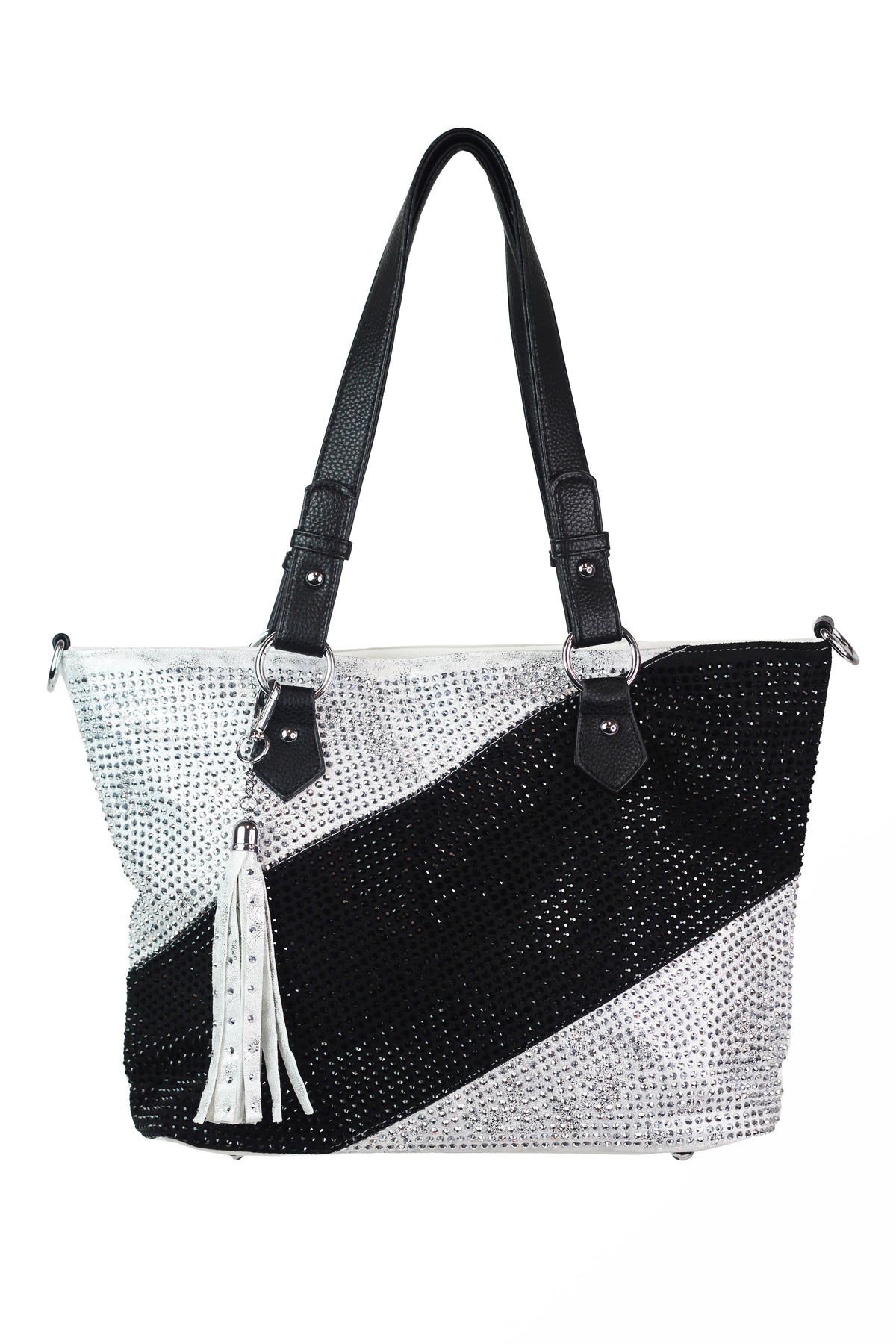 Rhinestone Front Handbag w/ Diagonal Strip &amp; Tassel