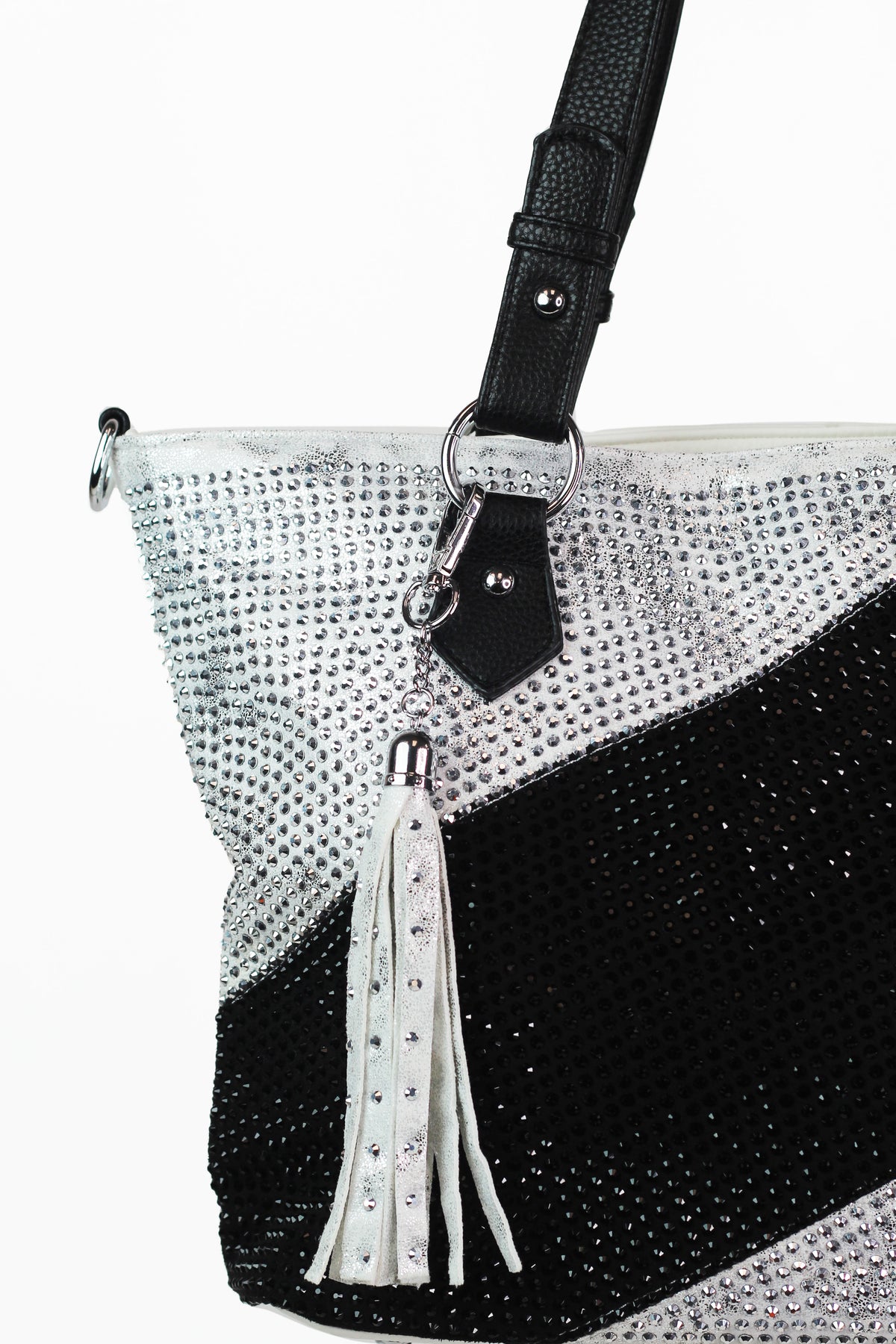 Rhinestone Front Handbag w/ Diagonal Strip & Tassel