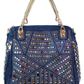 Denim Purse w/ Multicolor Rhinestone Front & Woven Sides