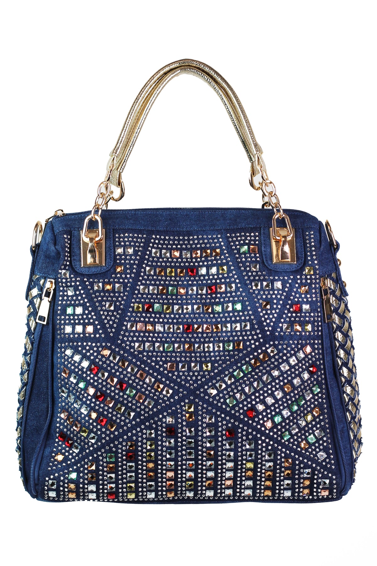 Denim Purse w/ Multicolor Rhinestone Front &amp; Woven Sides