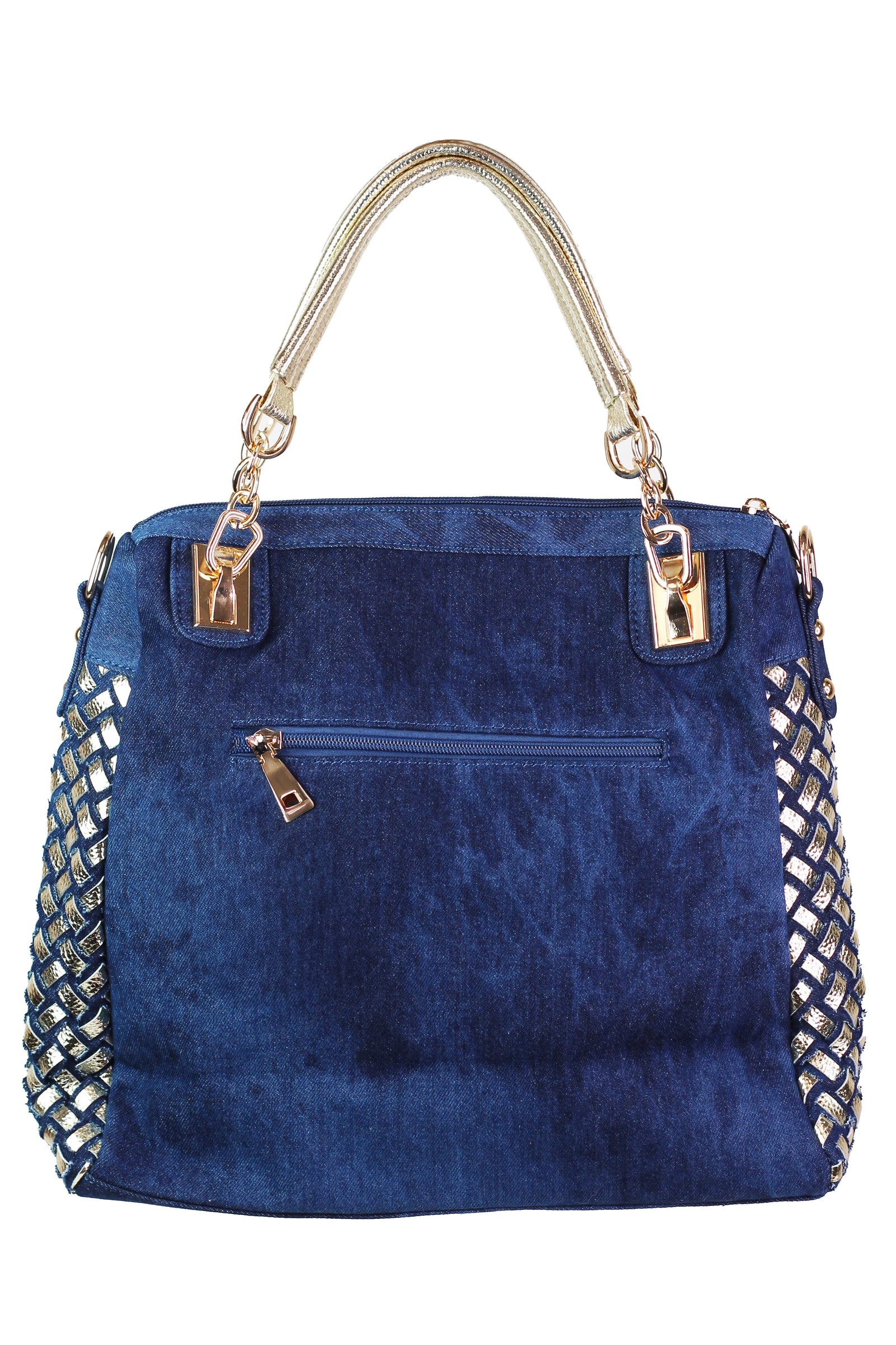 Denim Purse w/ Multicolor Rhinestone Front & Woven Sides