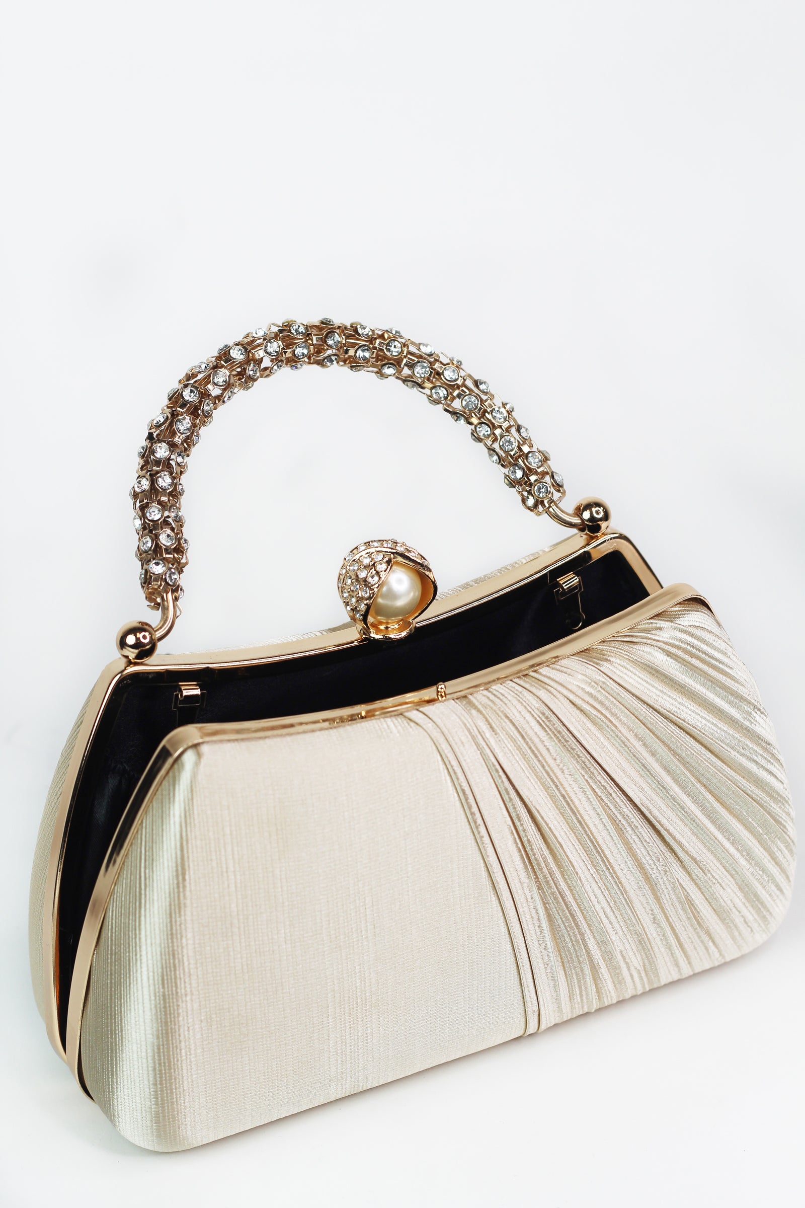 Satin Clutch w/ Pleated Overlay & Pearl/Rhinestone Closure