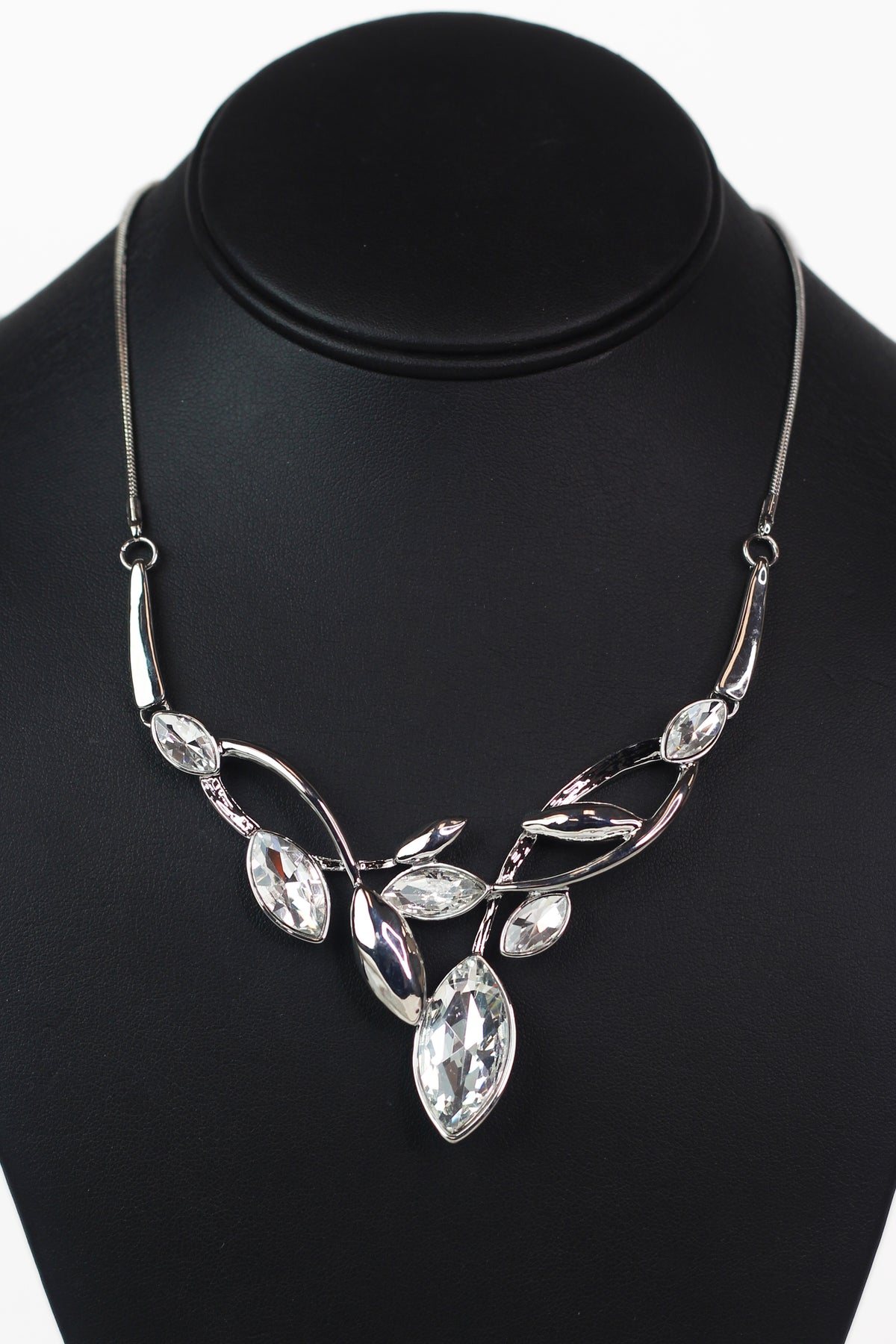 Metal Leaves Necklace w/ Marquis Gemstone Accents