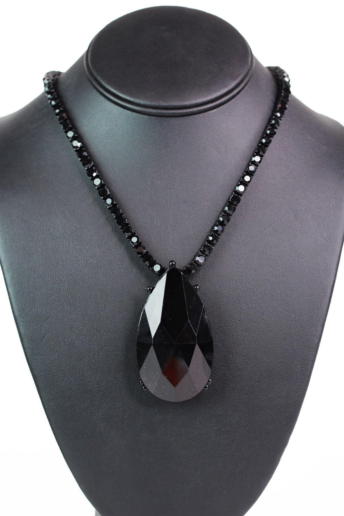 Rhinestone Tennis Necklace w/ Large Teardrop Stone Pendant