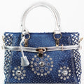 Denim & Woven Purse w/ Stone Circles & Lock Strap