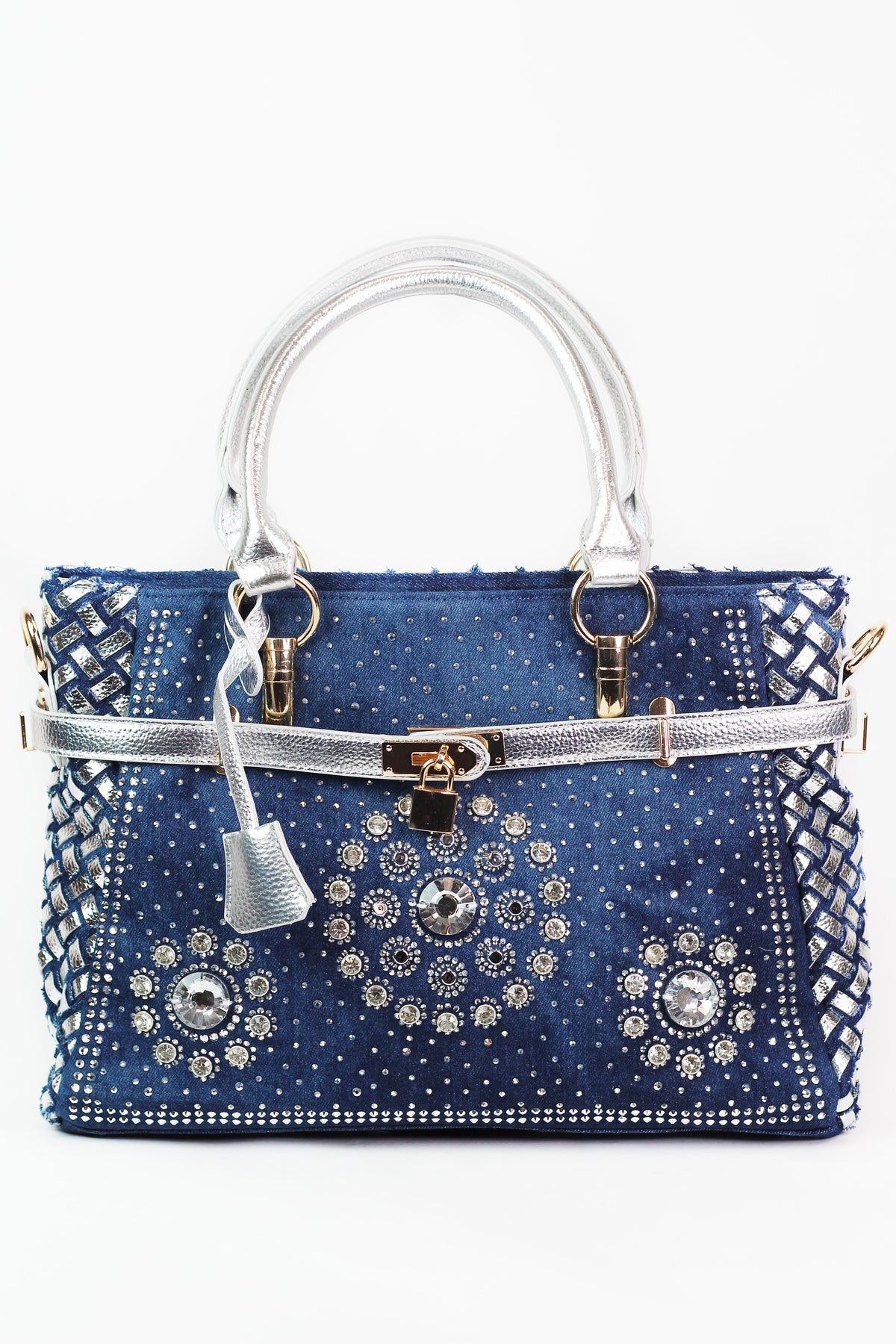 Denim & Woven Purse w/ Stone Circles & Lock Strap